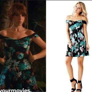 Guess Off The Shoulder Sweetheart Neck Black Coral Pink Teal Blue Floral Dress